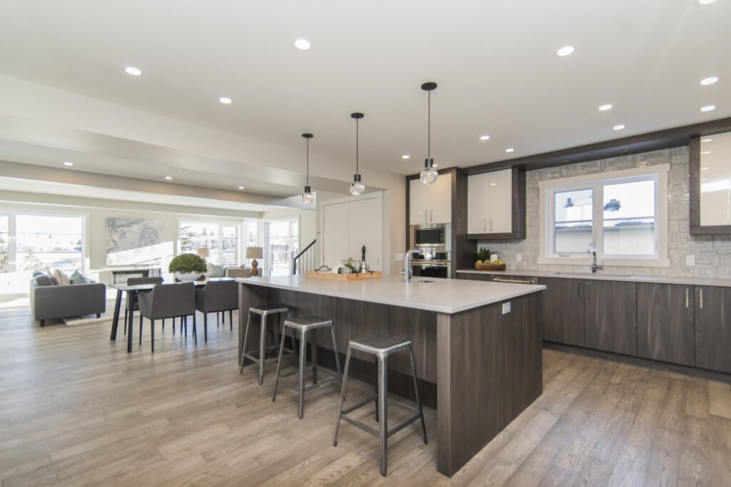Modern kitchen with brown cabinets and white quartz